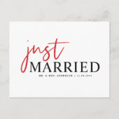 赤い手書きタイポグラフィモダンたった今結婚しました 案内ポストカード (正面)