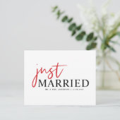 赤い手書きタイポグラフィモダンたった今結婚しました 案内ポストカード (スタンド正面)