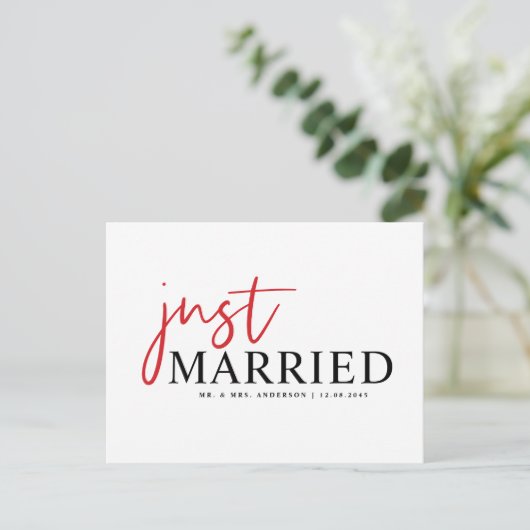 赤い手書きタイポグラフィモダンたった今結婚しました 案内ポストカード (スタンド正面)