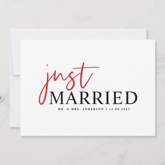 赤い手書きタイポグラフィモダンたった今結婚しました 案内状 (正面)