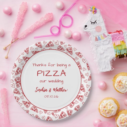 赤い手結婚で引いたパーティーの後のイタリアンピザ ペーパープレート (パーティー)