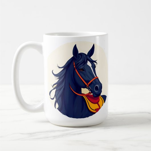 赤い手綱のエレガントな黒馬の肖像 コーヒーマグカップ (左)