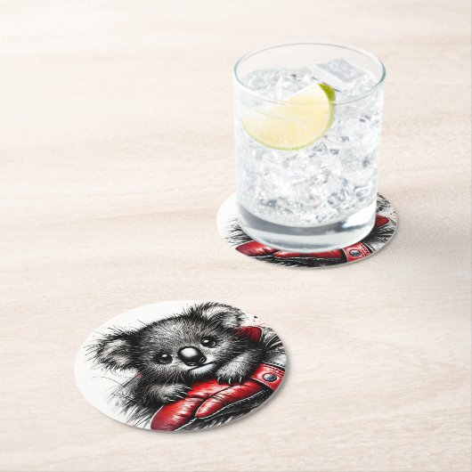 赤い手袋の中で休むコアラボクシング ラウンドペーパーコースター (インサイチュ)