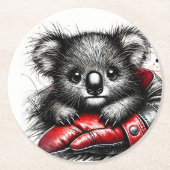 赤い手袋の中で休むコアラボクシング ラウンドペーパーコースター (正面)