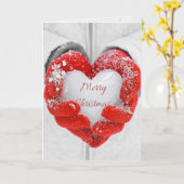 赤い手袋の中のメリークリスマスアイスハート カード (黄色い花)