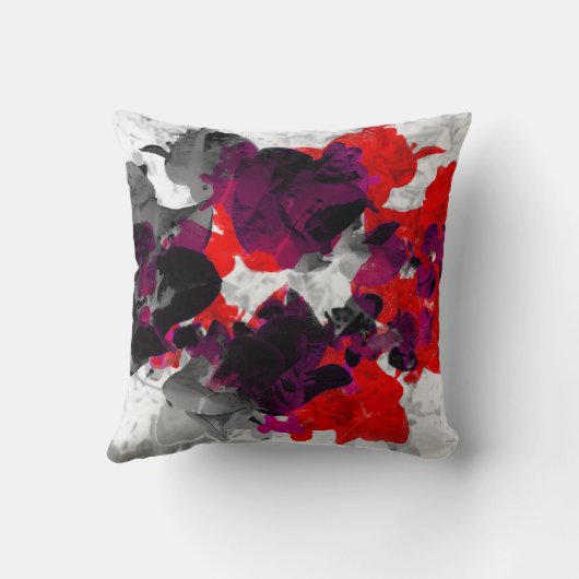 赤い抽象的な花柄-および白上の紫色 クッション (裏面)