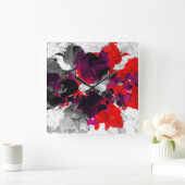 赤い抽象的な花柄-および白上の紫色 スクエア壁時計 (ホーム)