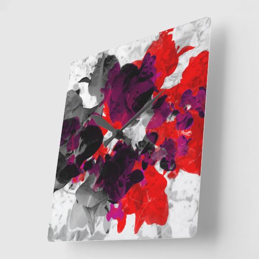 赤い抽象的な花柄-および白上の紫色 スクエア壁時計 (傾斜)