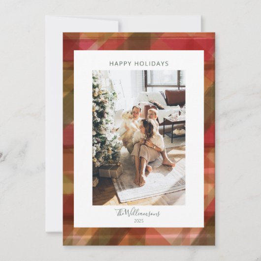 赤い抽象芸術の素朴Plaid 2 2写真クリスマス シーズンカード (正面)