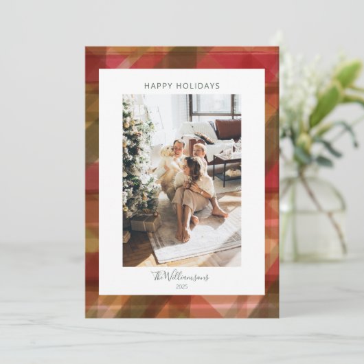 赤い抽象芸術の素朴Plaid 2 2写真クリスマス シーズンカード (スタンド正面)