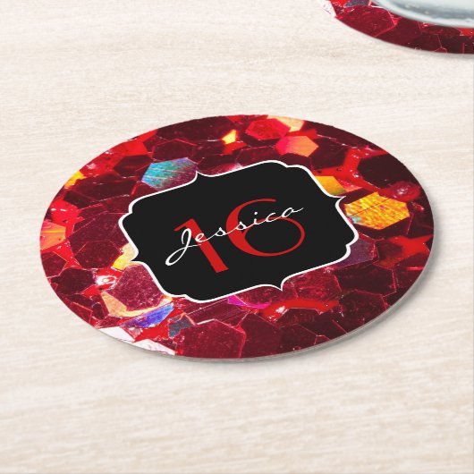 赤い抽象芸術モザイク光沢のあるグリッターパターン甘い16 ラウンドペーパーコースター (アングル)