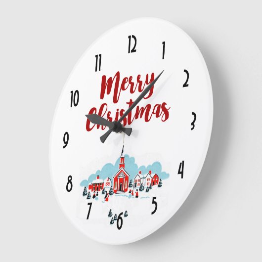赤い教会およびクリスマスの星との冬場面 ラージ壁時計 (傾斜)