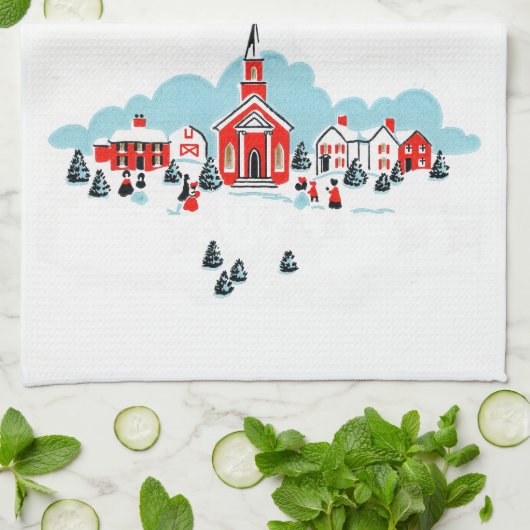 赤い教会とクリスマススターが訪れる冬の風景 キッチンタオル (折り畳み)