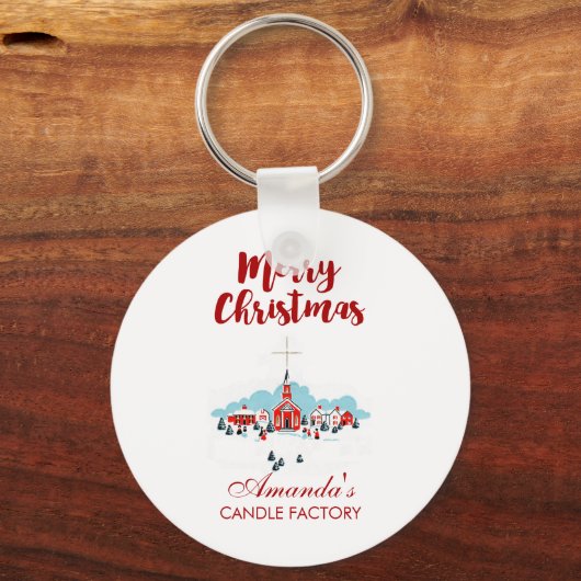 赤い教会とクリスマススターが訪れる冬の風景 キーホルダー (正面)