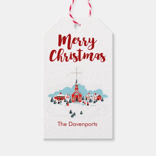 赤い教会とクリスマススターが訪れる冬の風景 ギフトタグ (正面)