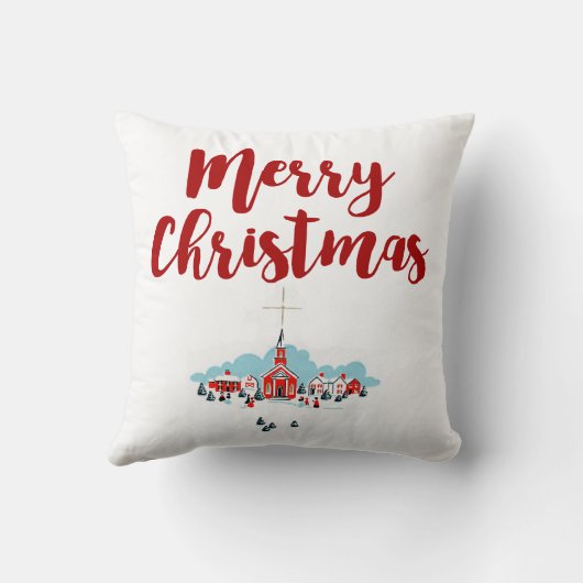 赤い教会とクリスマススターが訪れる冬の風景 クッション (裏面)