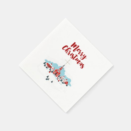 赤い教会とクリスマススターが訪れる冬の風景 スタンダードカクテルナプキン (角)