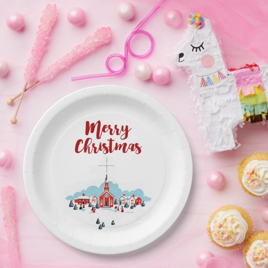 赤い教会とクリスマススターが訪れる冬の風景 ペーパープレート (パーティー)
