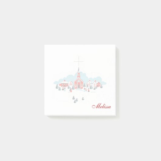 赤い教会とクリスマススターが訪れる冬の風景 ポストイット (正面)