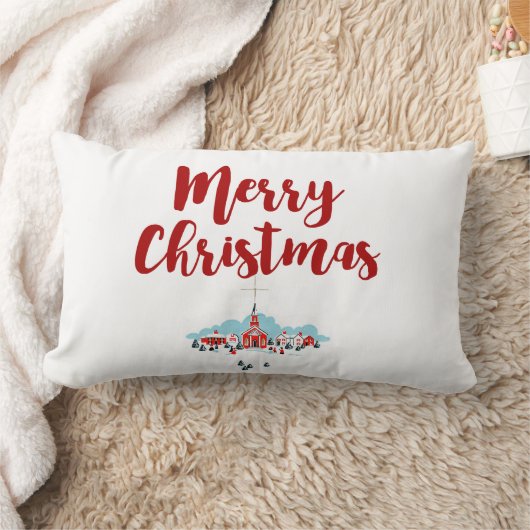 赤い教会とクリスマススターが訪れる冬の風景 ランバークッション (ブランケット)