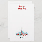 赤い教会とクリスマススターが訪れる冬の風景 便箋 (正面/裏面)