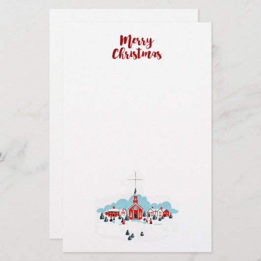 赤い教会とクリスマススターが訪れる冬の風景 便箋 (正面/裏面)