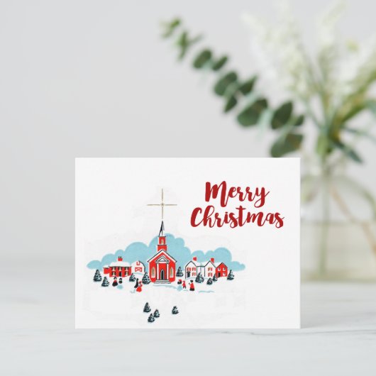 赤い教会と星の上のクリスマスシーン シーズンポストカード (スタンド正面)