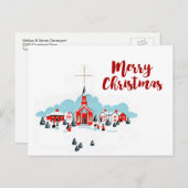 赤い教会と星の上のクリスマスシーン シーズンポストカード (正面/裏面)