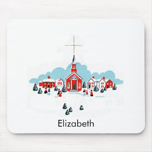 赤い教会と星の上のクリスマスシーン マウスパッド (正面)