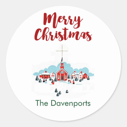 赤い教会と星の上のクリスマスシーン ラウンドシール (正面)