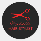 赤い散髪ハサミのロゴが入ったヘアサロン ステッカー (正面)