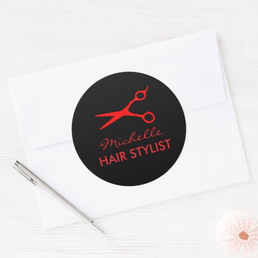 赤い散髪ハサミのロゴが入ったヘアサロン ステッカー (封筒)