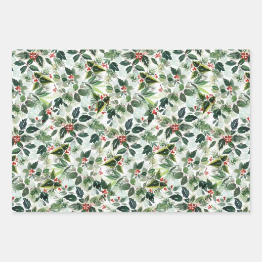 赤い斑入りウィンターベリー模様クリスマス ラッピングペーパーシート (正面)