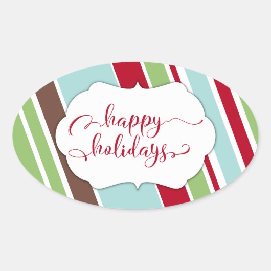 赤い斜めストライプのHappy Holidaysタイポグラフィ 楕円形シール (正面)
