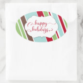 赤い斜めストライプのHappy Holidaysタイポグラフィ 楕円形シール (バッグ)
