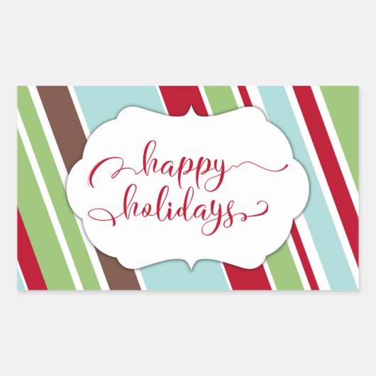 赤い斜めストライプのHappy Holidaysタイポグラフィ 長方形シール (正面)