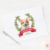 赤い旗のヒイラギ コーギーの犬 クリスマス スクエアシール (封筒)