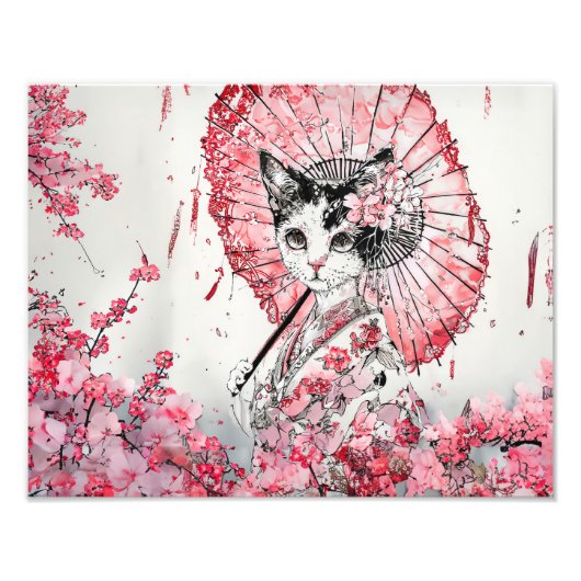赤い日傘の桜と静かな芸者猫 フォトプリント            (正面)