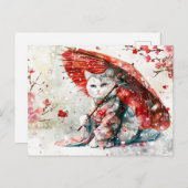 赤い日傘を差した不思議な芸者猫 ポストカード (正面/裏面)