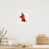 赤い日本のカリンの花の丸が白 ポスター (キッチン)