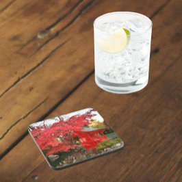 赤い日本の楓と庭の神社 コースター