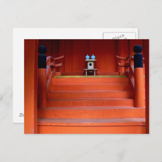 赤い日本の神社と2つの小さなターコイズ ポストカード (正面/裏面)