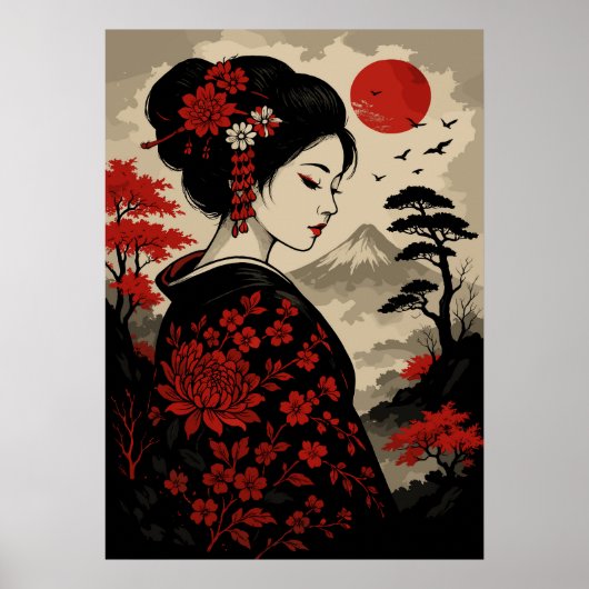 赤い日本の花と山富士と芸者 ポスター (正面)