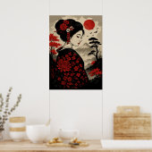 赤い日本の花と山富士と芸者 ポスター (キッチン)