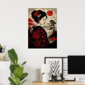 赤い日本の花と山富士と芸者 ポスター (ホームオフィス)