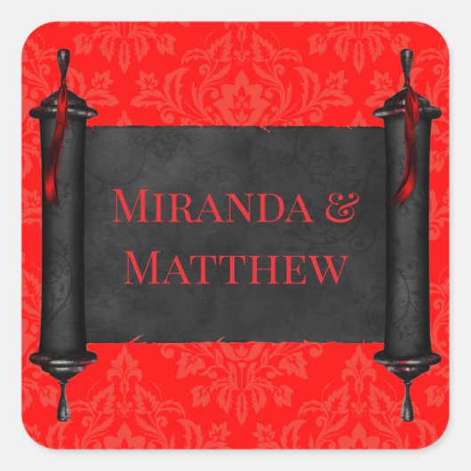 赤い日本の黒のダマスクの結婚式 スクエアシール (正面)