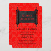 赤い日本の黒のダマスクの結婚式 招待状 (正面/裏面)