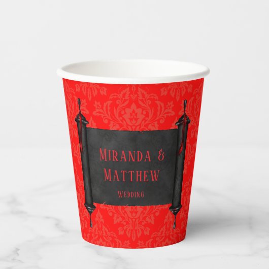 赤い日本の黒のダマスクの結婚式 紙コップ (正面)