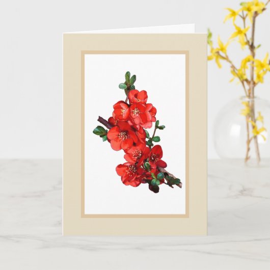 赤い日本ハンの花のイラスト ベージュ カード (黄色い花)