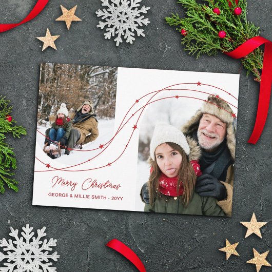 赤い星空の文字列アーチ写真メリークリスマス シーズンカード
